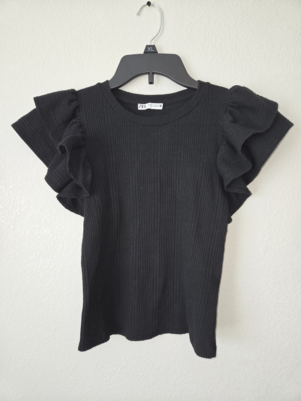 ZARA Black Ribbed Top with Ruffle Sleeves